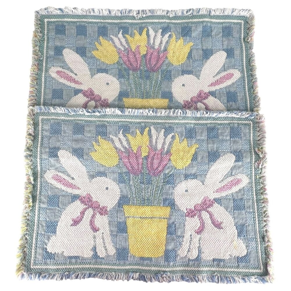 Set Of 2 Easter Woven Placemat Bunny‎ Rabbit & Tulip Design Pink Yellow Blue
